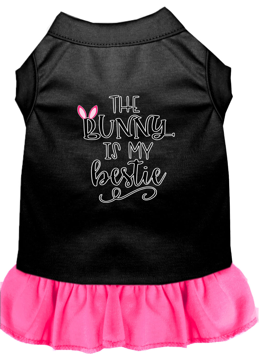 Bunny is my Bestie Screen Print Dog Dress Black with Bright Pink Lg